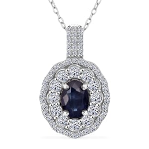 Premium Kanchanaburi Blue Sapphire and Luxuriant Lab Grown Diamond SI 1.65 ctw Crown Radiance Pendant Necklace in 10K White Gold 18 Inches