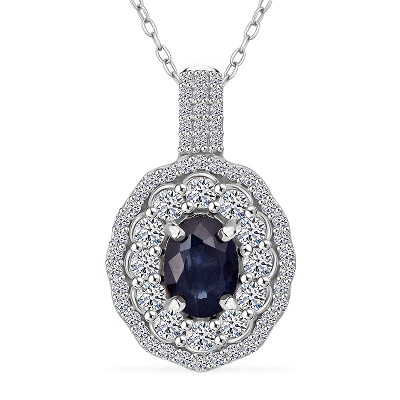 Premium Kanchanaburi Blue Sapphire and Luxuriant Lab Grown Diamond SI 1.65 ctw Crown Radiance Pendant Necklace in 10K White Gold 18 Inches