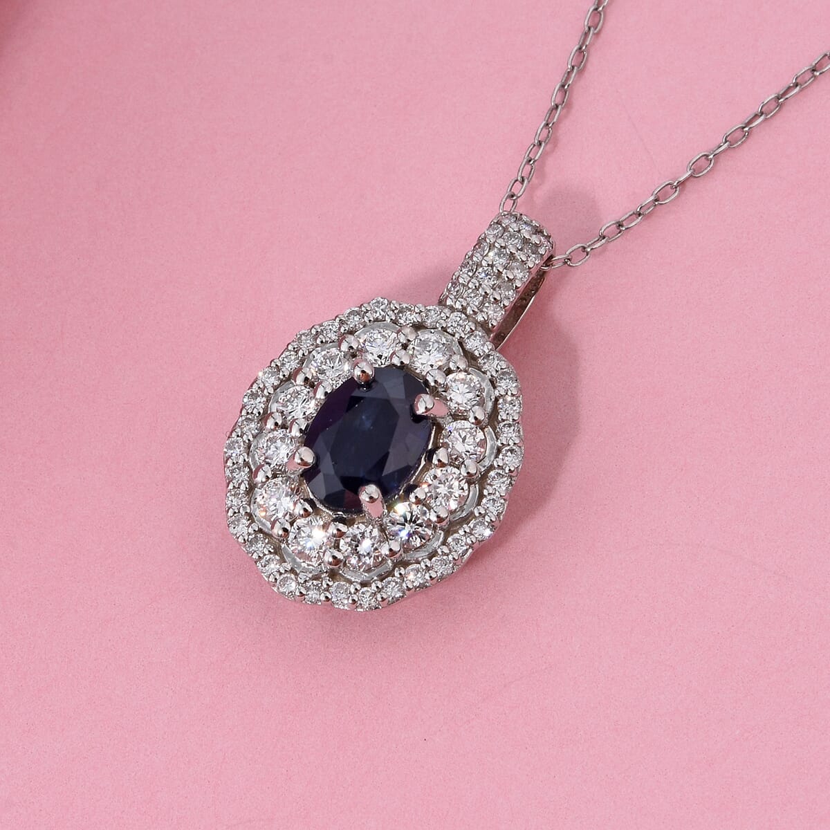Premium Kanchanaburi Blue Sapphire and Luxuriant Lab Grown Diamond SI 1.65 ctw Crown Radiance Pendant Necklace in 10K White Gold 18 Inches image number 1