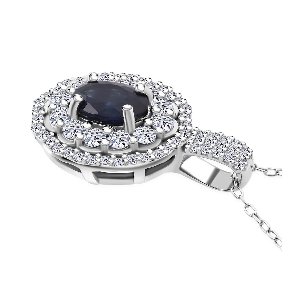 Premium Kanchanaburi Blue Sapphire and Luxuriant Lab Grown Diamond SI 1.65 ctw Crown Radiance Pendant Necklace in 10K White Gold 18 Inches image number 3