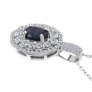 Premium Kanchanaburi Blue Sapphire and Luxuriant Lab Grown Diamond SI 1.65 ctw Crown Radiance Pendant Necklace in 10K White Gold 18 Inches