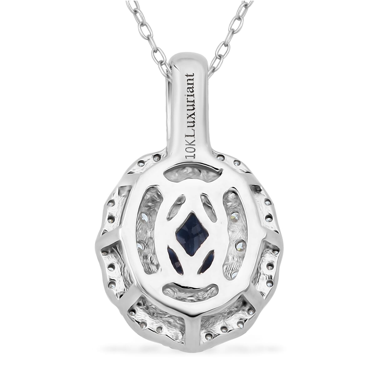 Premium Kanchanaburi Blue Sapphire and Luxuriant Lab Grown Diamond SI 1.65 ctw Crown Radiance Pendant Necklace in 10K White Gold 18 Inches image number 4