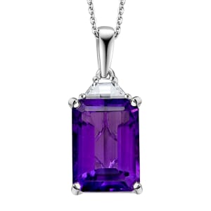 D'Joy AAA Lusaka Amethyst and Moissanite 7.80 ctw Art Deco Pendant Necklace in Rhodium Over Sterling Silver 20 Inches