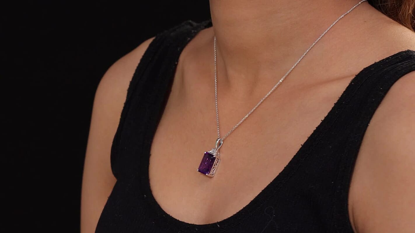 D'Joy AAA Lusaka Amethyst and Moissanite 7.80 ctw Art Deco Pendant Necklace in Rhodium Over Sterling Silver 20 Inches