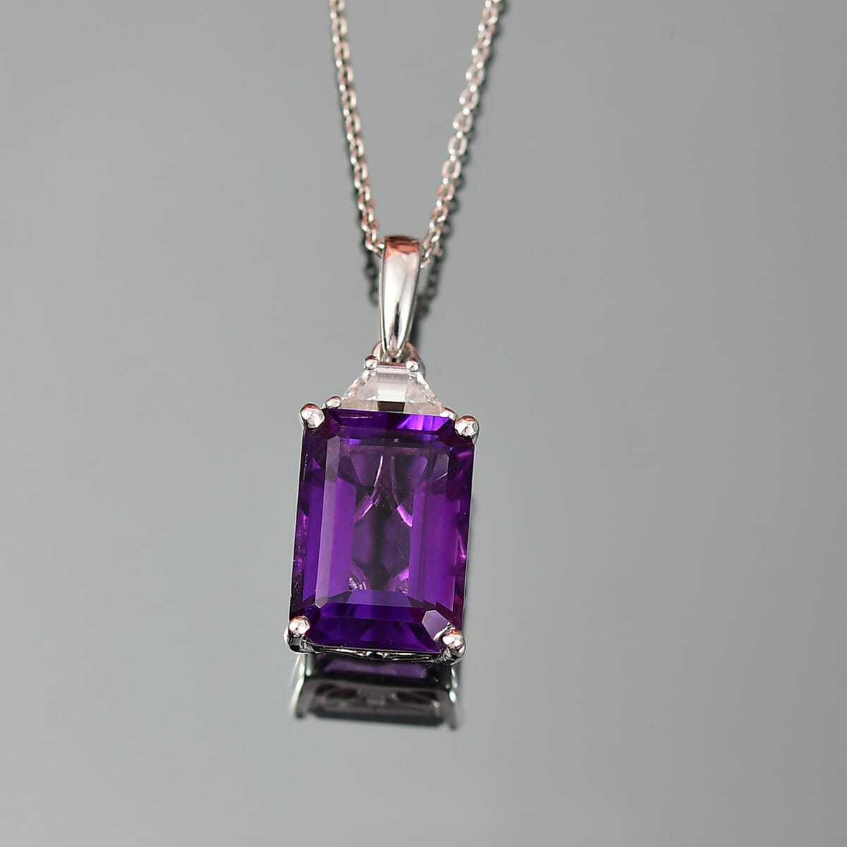 D'Joy AAA Lusaka Amethyst and Moissanite 7.80 ctw Art Deco Pendant Necklace in Rhodium Over Sterling Silver 20 Inches image number 1