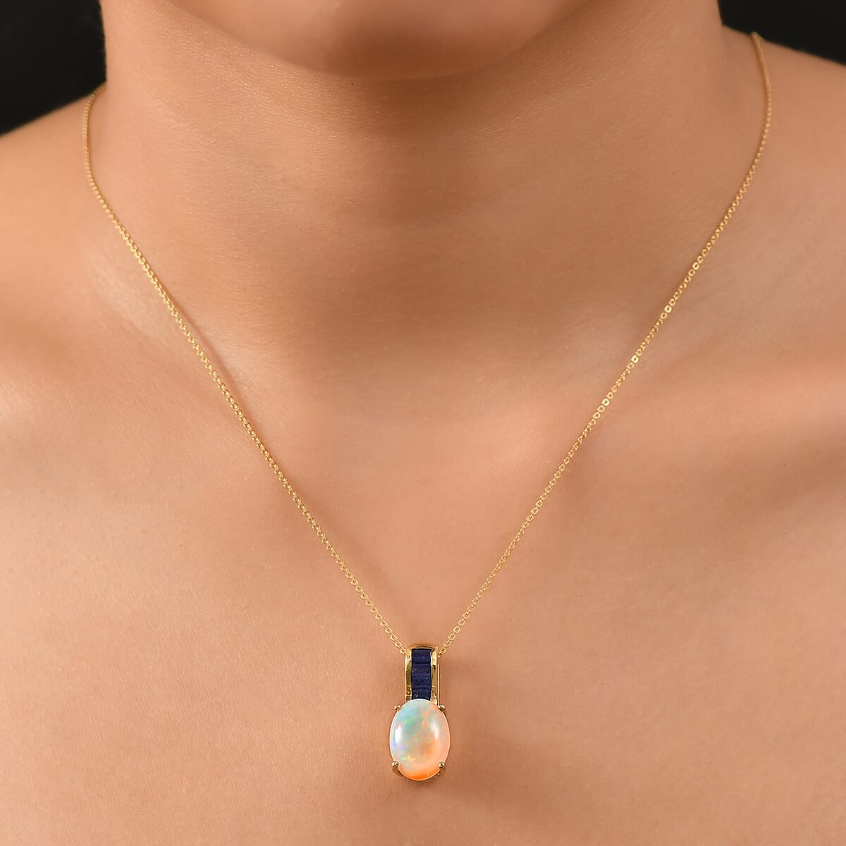 D'Joy Premium Ethiopian Welo Opal and Masoala Sapphire (D) 4.10 ctw Dreamlight Pendant Necklace in 18K Vermeil Yellow Gold Over Sterling Silver 20 Inches image number 2