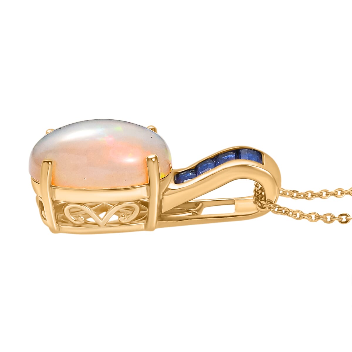D'Joy Premium Ethiopian Welo Opal and Masoala Sapphire (D) 4.10 ctw Dreamlight Pendant Necklace in 18K Vermeil Yellow Gold Over Sterling Silver 20 Inches image number 3