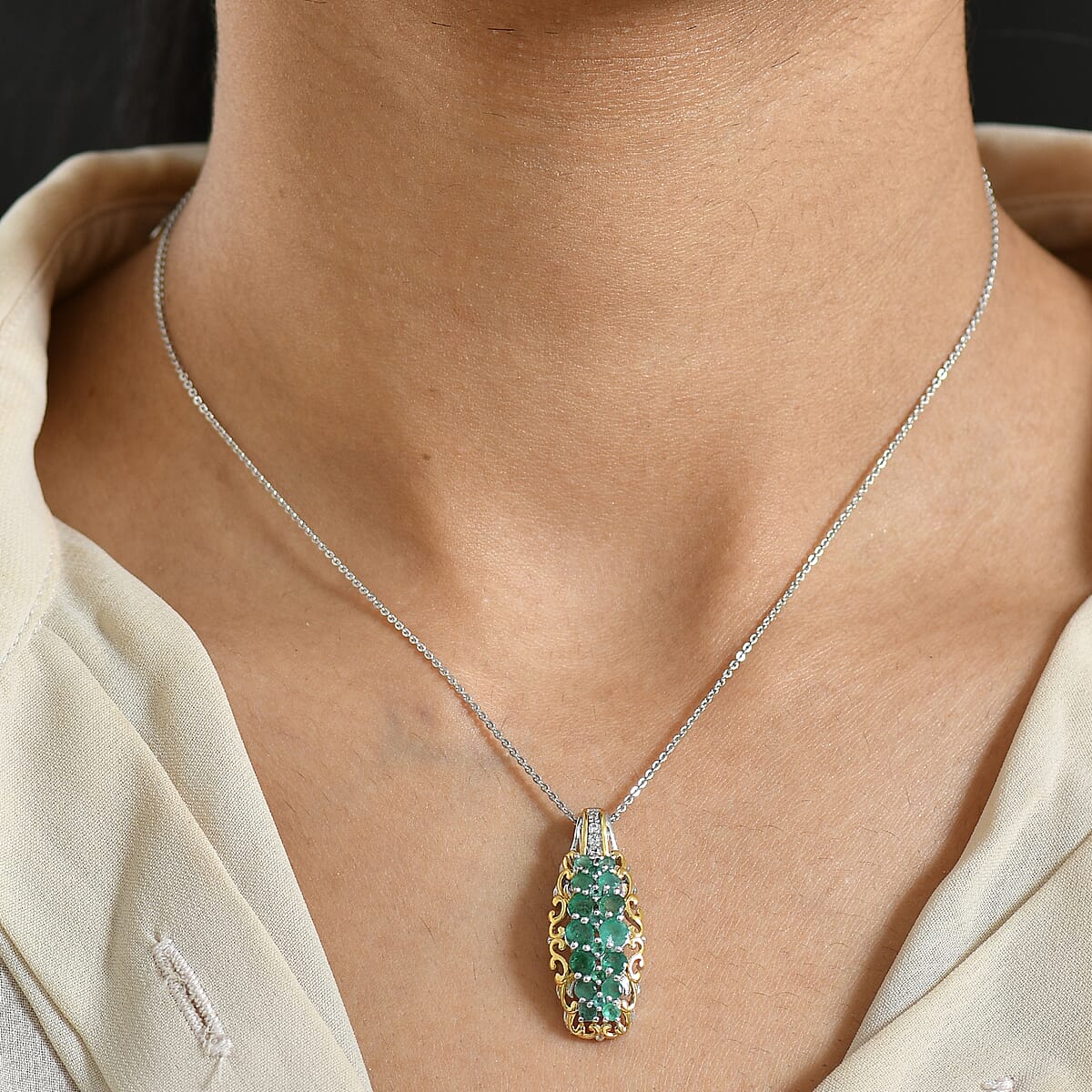 D'Joy Kagem Zambian Emerald and White Zircon 1.90 ctw Pendant Necklace in 18K Vermeil YG and Rhodium Over Sterling Silver 20 Inches image number 2