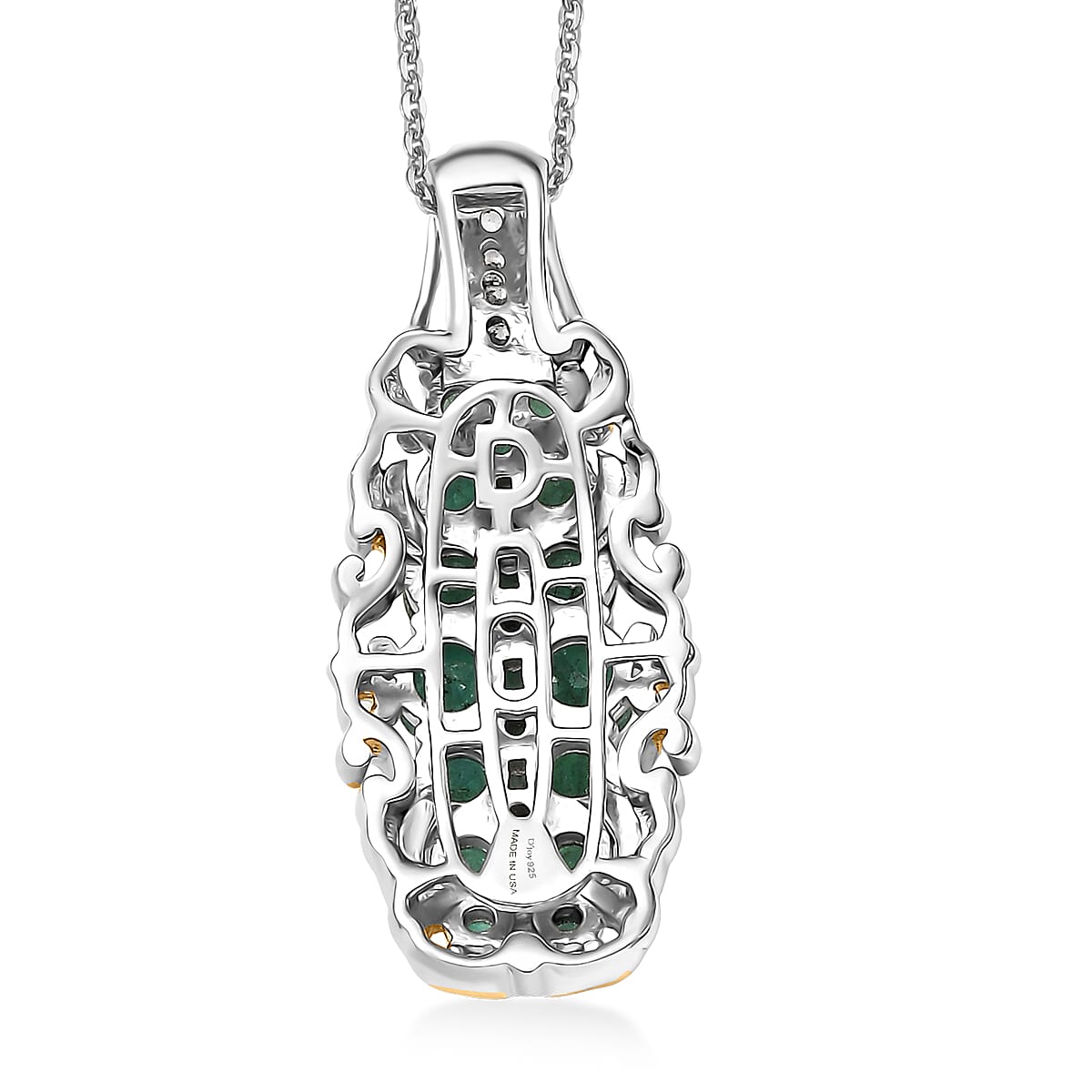 D'Joy Kagem Zambian Emerald and White Zircon 1.90 ctw Victorian Filigree Pendant Necklace in 18K Vermeil YG and Rhodium Over Sterling Silver 20 Inches
