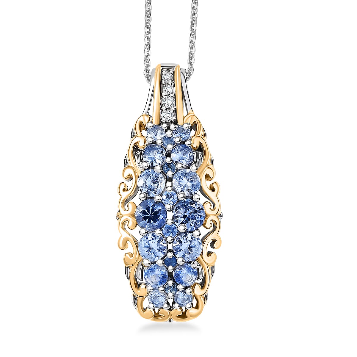 D'Joy Ceylon Blue Sapphire, White Zircon Pendant Necklace  in 18K Vermeil YG and Rhodium Over Sterling Silver 1.90 ctw (20 Inches)
