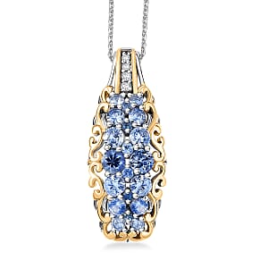 TLV D'Joy Ceylon Blue Sapphire, White Zircon Pendant Necklace (20 Inches) in 18K Vermeil YG and Rhodium Over Sterling Silver 1.90 ctw