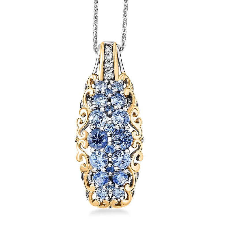 D'Joy Ceylon Blue Sapphire, White Zircon Pendant Necklace  in 18K Vermeil YG and Rhodium Over Sterling Silver 1.90 ctw (20 Inches)