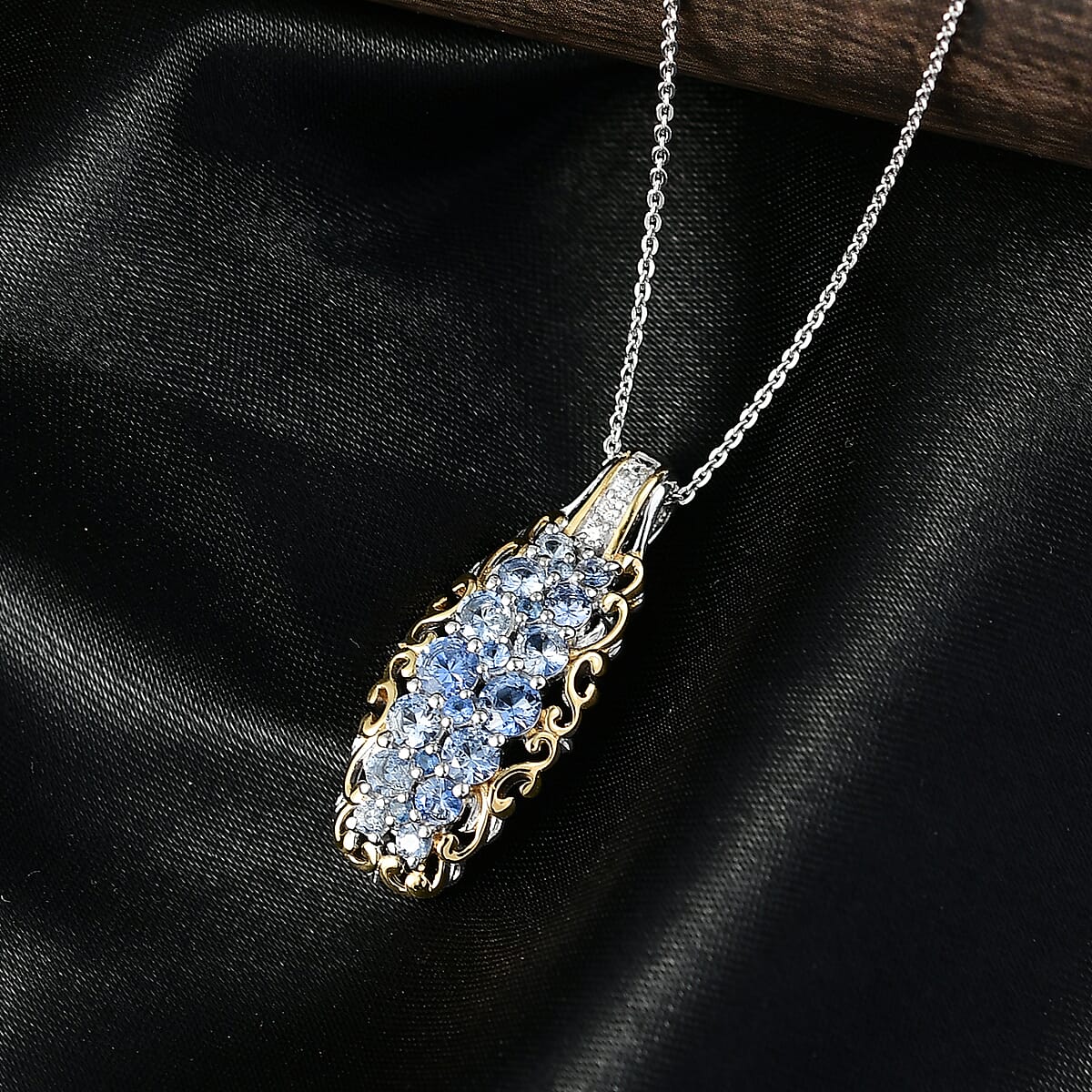 TLV D'Joy Ceylon Blue Sapphire, White Zircon Pendant Necklace (20 Inches) in 18K Vermeil YG and Rhodium Over Sterling Silver 1.90 ctw image number 1