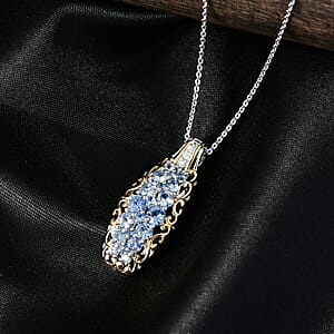 D'Joy Ceylon Blue Sapphire, White Zircon Pendant Necklace  in 18K Vermeil YG and Rhodium Over Sterling Silver 1.90 ctw (20 Inches)