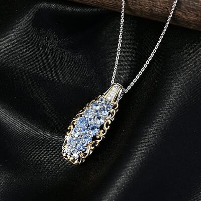 D'Joy Ceylon Blue Sapphire, White Zircon Pendant Necklace  in 18K Vermeil YG and Rhodium Over Sterling Silver 1.90 ctw (20 Inches)