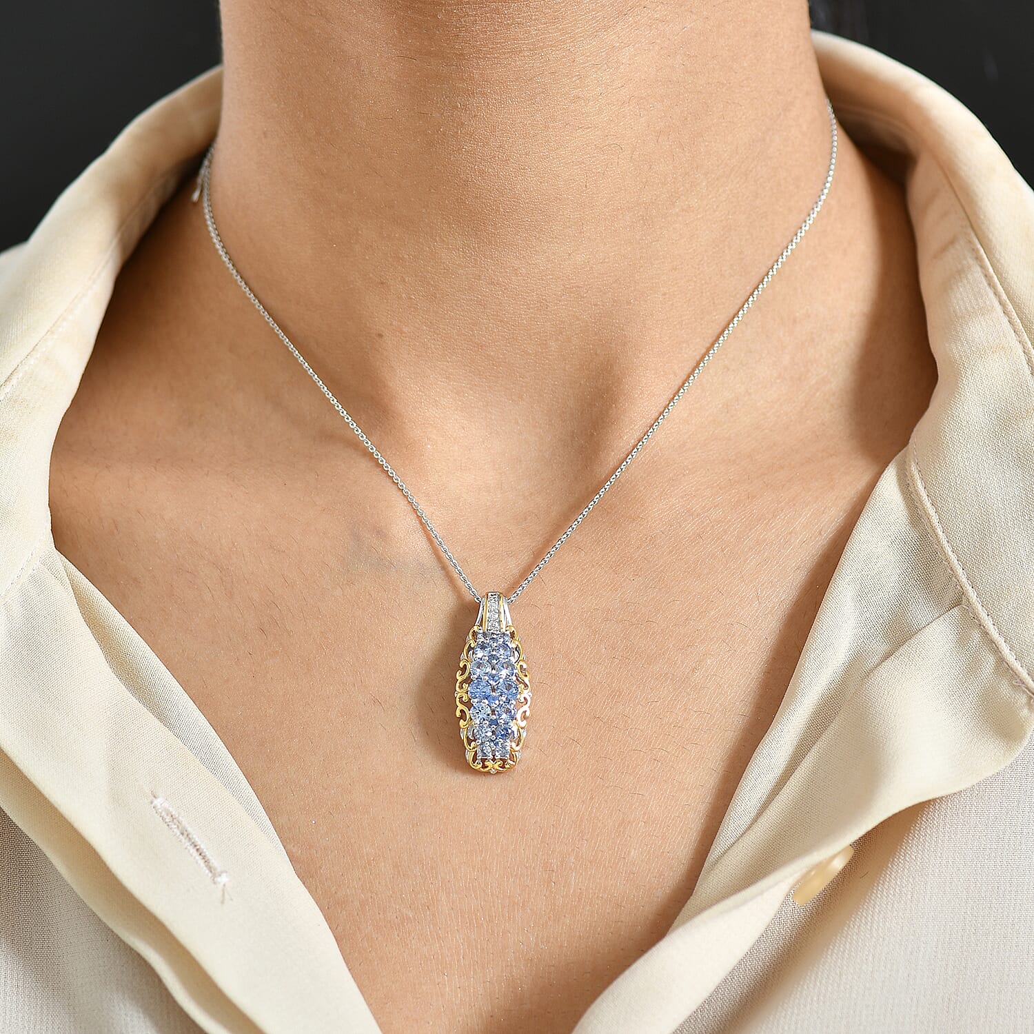 D'Joy Ceylon Blue Sapphire, White Zircon Pendant Necklace  in 18K Vermeil YG and Rhodium Over Sterling Silver 1.90 ctw (20 Inches)