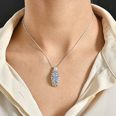D'Joy Ceylon Blue Sapphire, White Zircon Pendant Necklace  in 18K Vermeil YG and Rhodium Over Sterling Silver 1.90 ctw (20 Inches)