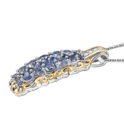 D'Joy Ceylon Blue Sapphire, White Zircon Pendant Necklace  in 18K Vermeil YG and Rhodium Over Sterling Silver 1.90 ctw (20 Inches)
