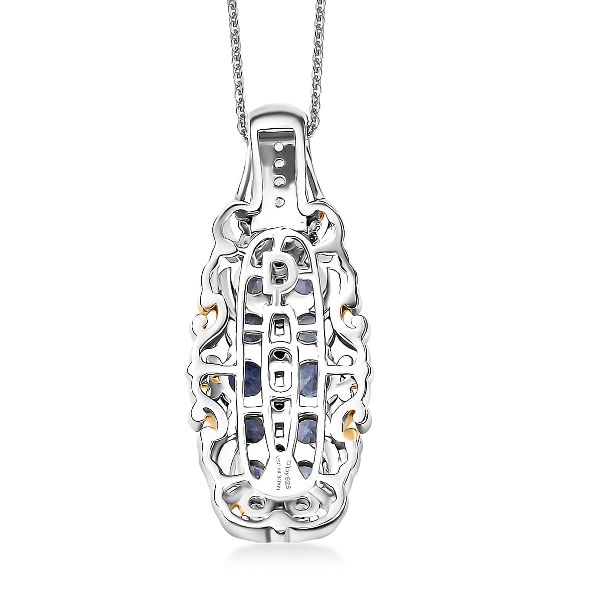 D'Joy Ceylon Blue Sapphire, White Zircon Pendant Necklace  in 18K Vermeil YG and Rhodium Over Sterling Silver 1.90 ctw (20 Inches)