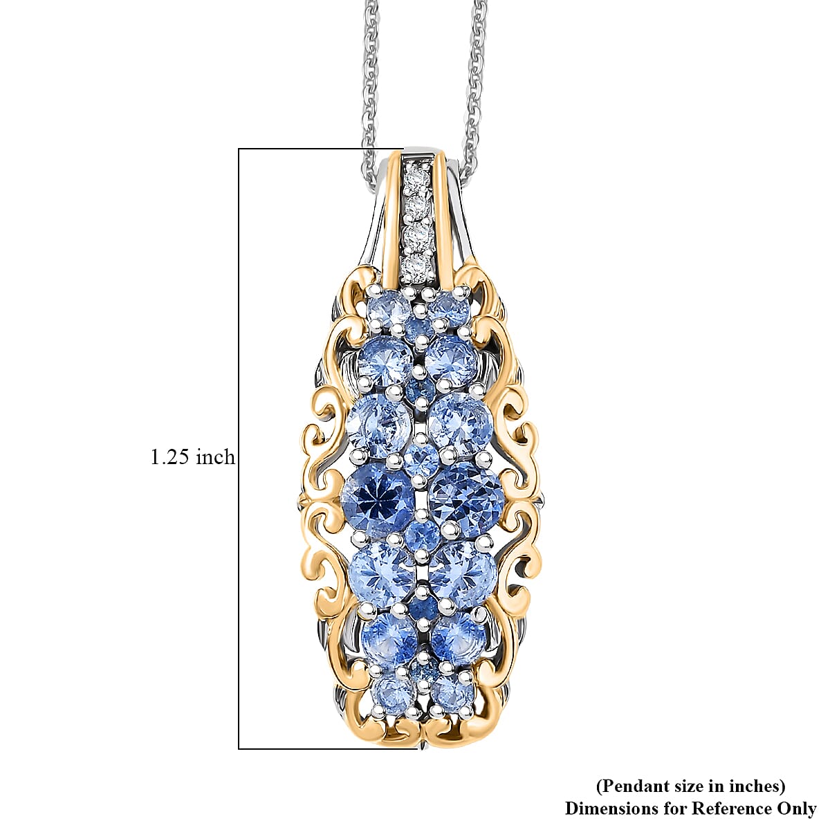 D'Joy Ceylon Blue Sapphire, White Zircon Pendant Necklace  in 18K Vermeil YG and Rhodium Over Sterling Silver 1.90 ctw (20 Inches)