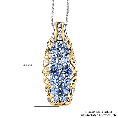 D'Joy Ceylon Blue Sapphire, White Zircon Pendant Necklace  in 18K Vermeil YG and Rhodium Over Sterling Silver 1.90 ctw (20 Inches)