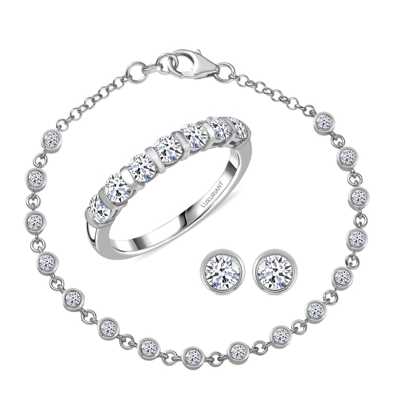Luxuriant Lab Grown Diamond SI-I1 2.80 ctw Bubbles Ring (Size 6.0) and Stud Earrings and Bracelet (7.25In) in Rhodium Over Sterling Silver