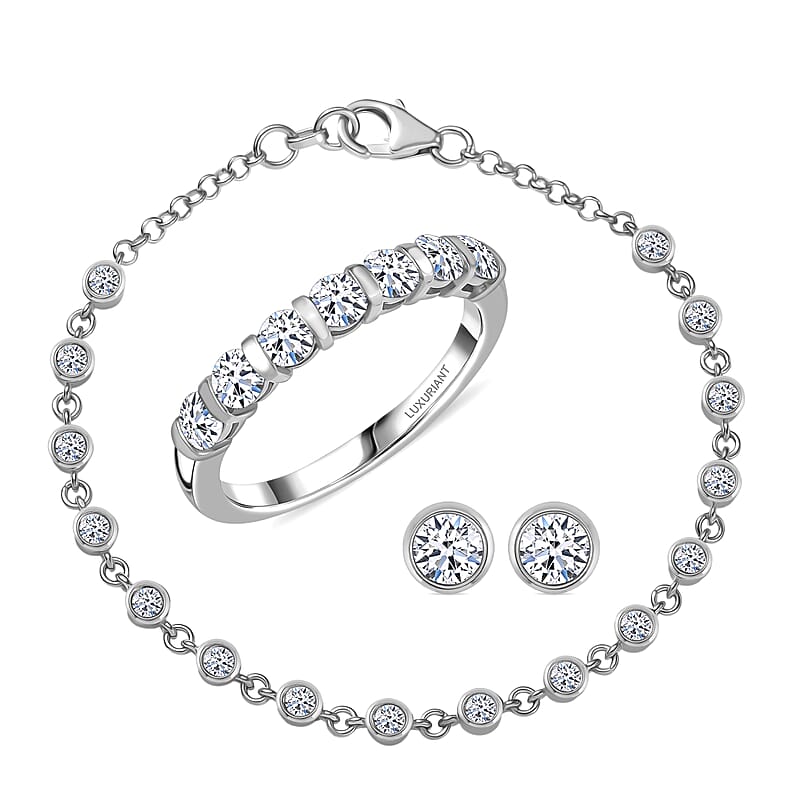 Luxuriant Lab Grown Diamond SI-I1 2.80 ctw Bubbles Ring (Size 6.0) and Stud Earrings and Bracelet (7.25In) in Rhodium Over Sterling Silver