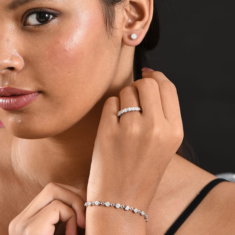 Luxuriant Lab Grown Diamond SI-I1 2.80 ctw Bubbles Ring (Size 6.0) and Stud Earrings and Bracelet (7.25In) in Rhodium Over Sterling Silver
