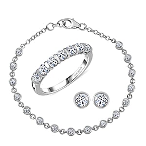 Luxuriant Lab Grown Diamond SI-I1 2.80 ctw Ring (Size 8.0) and Stud Earrings and Linking Bracelet (7.25In) in Rhodium Over Sterling Silver