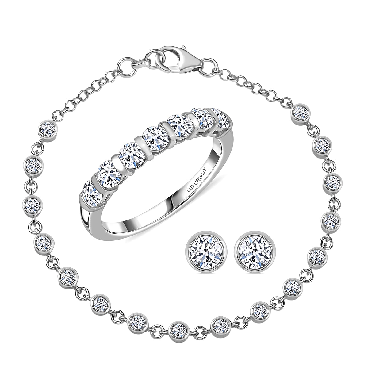 Luxuriant Lab Grown Diamond SI-I1 2.80 ctw Ring (Size 10.0) and Stud Earrings and Linking Bracelet (7.25In) in Rhodium Over Sterling Silver image number 0