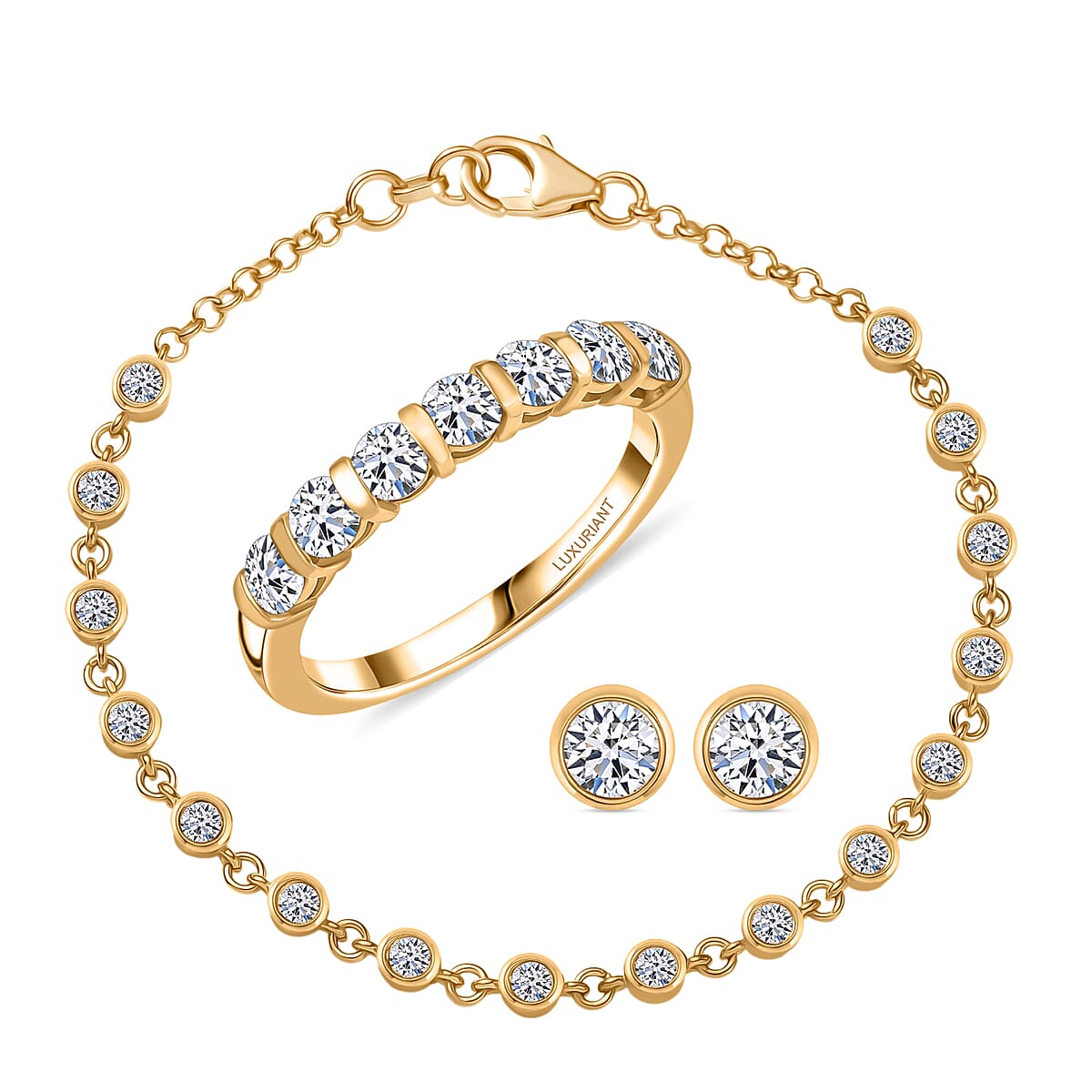 01st Sept TLV Luxuriant Lab Grown Diamond (SI-I1) Ring (Size 9.0) and Stud Earrings and Linking Bracelet (7.25In) in 18K Vermeil YG Over Sterling Silver 2.80 ctw image number 0