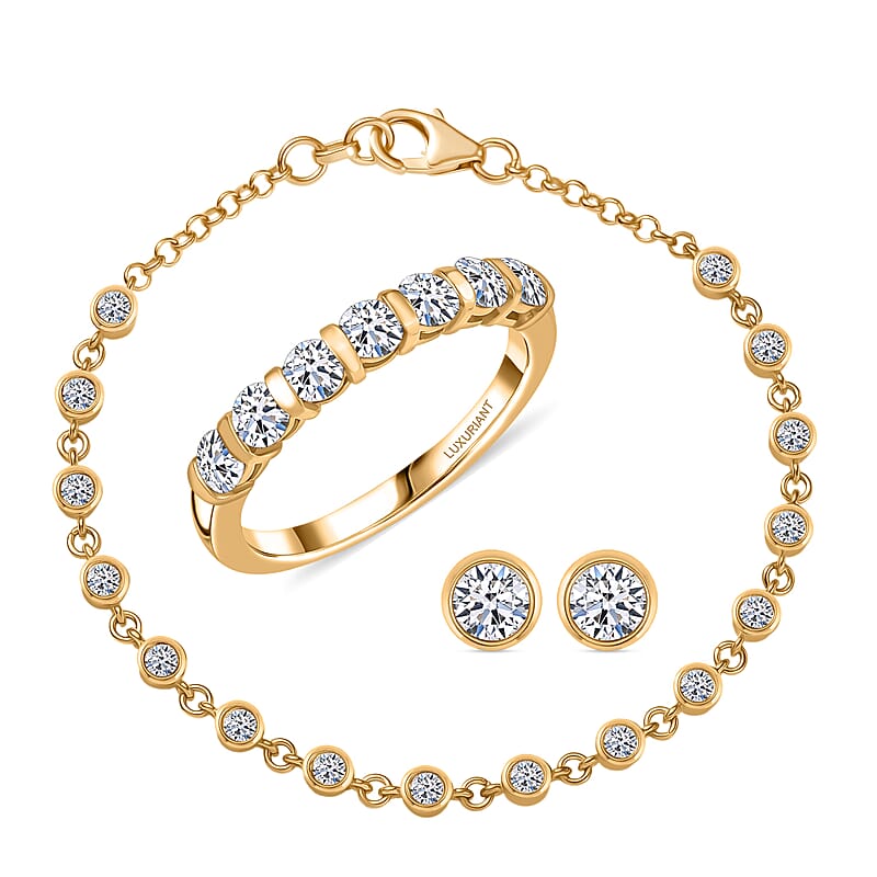 Luxuriant Lab Grown Diamond (SI-I1) Ring (Size 7.0) and Stud Earrings and Linking Bracelet (7.25In) in 18K Vermeil YG Over Sterling Silver 2.80 ctw