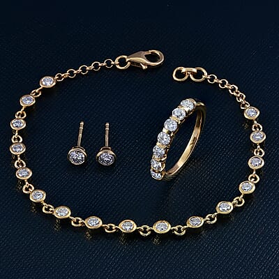 Luxuriant Lab Grown Diamond (SI-I1) Ring (Size 7.0) and Stud Earrings and Linking Bracelet (7.25In) in 18K Vermeil YG Over Sterling Silver 2.80 ctw