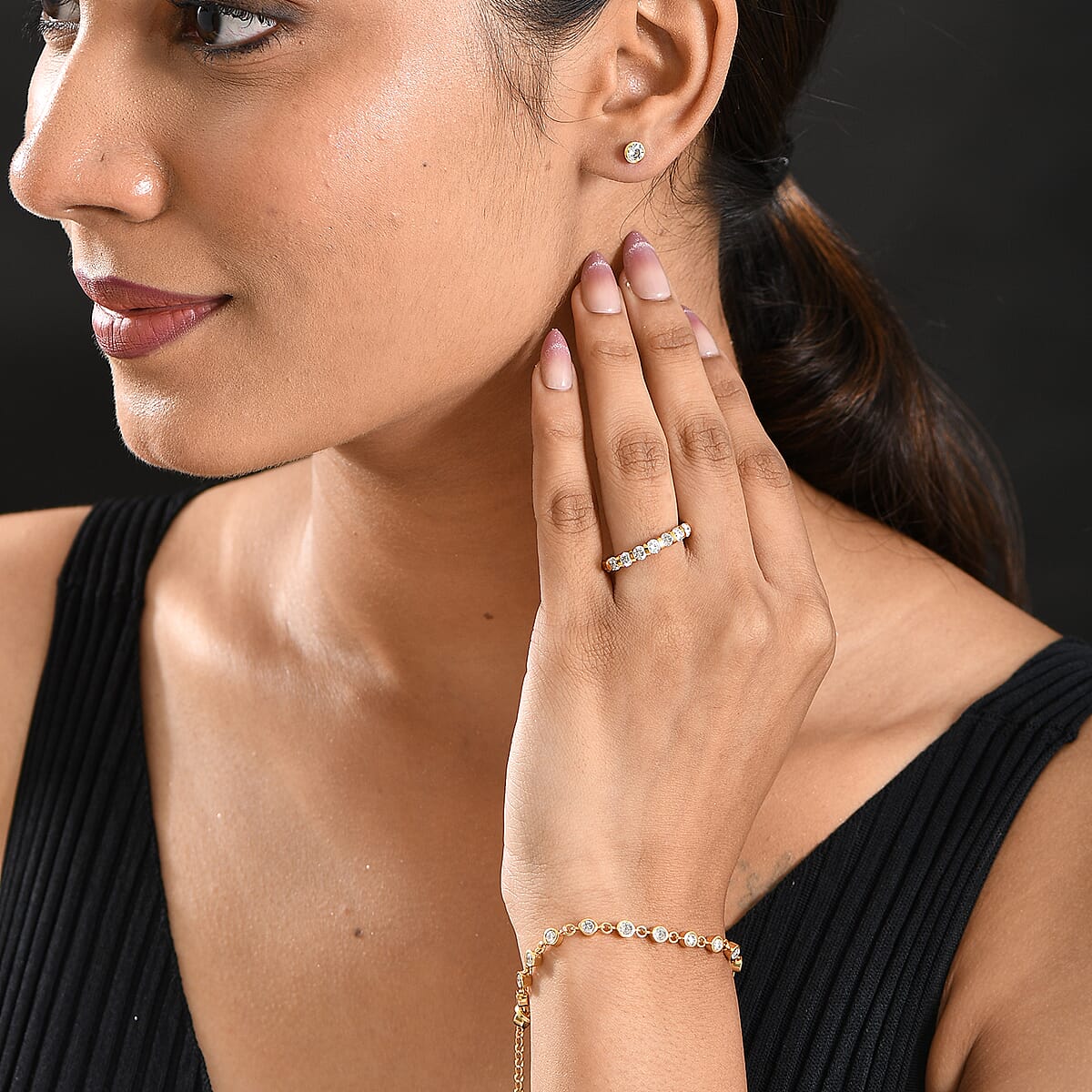 01st Sept TLV Luxuriant Lab Grown Diamond (SI-I1) Ring (Size 7.0) and Stud Earrings and Linking Bracelet (7.25In) in 18K Vermeil YG Over Sterling Silver 2.80 ctw image number 2