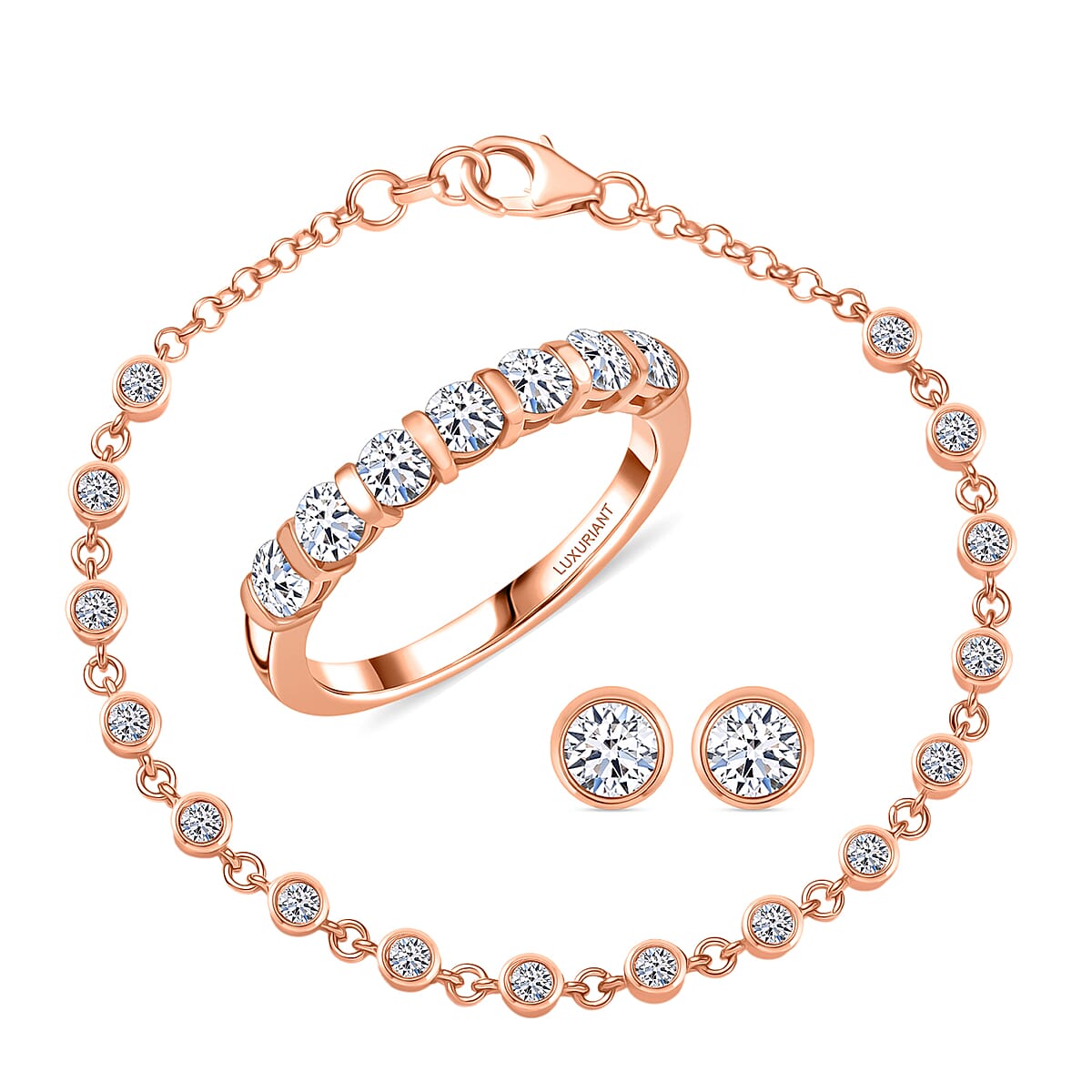 Luxuriant Lab Grown Diamond SI-I1 2.80 ctw Ring (Size 8.0) and Stud Earrings and Linking Bracelet (7.25In) in 18K Vermeil Rose Gold Over Sterling Silver image number 0