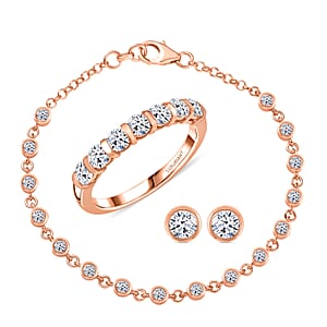 Luxuriant Lab Grown Diamond SI-I1 2.80 ctw Ring (Size 8.0) and Stud Earrings and Linking Bracelet (7.25In) in 18K Vermeil Rose Gold Over Sterling Silver