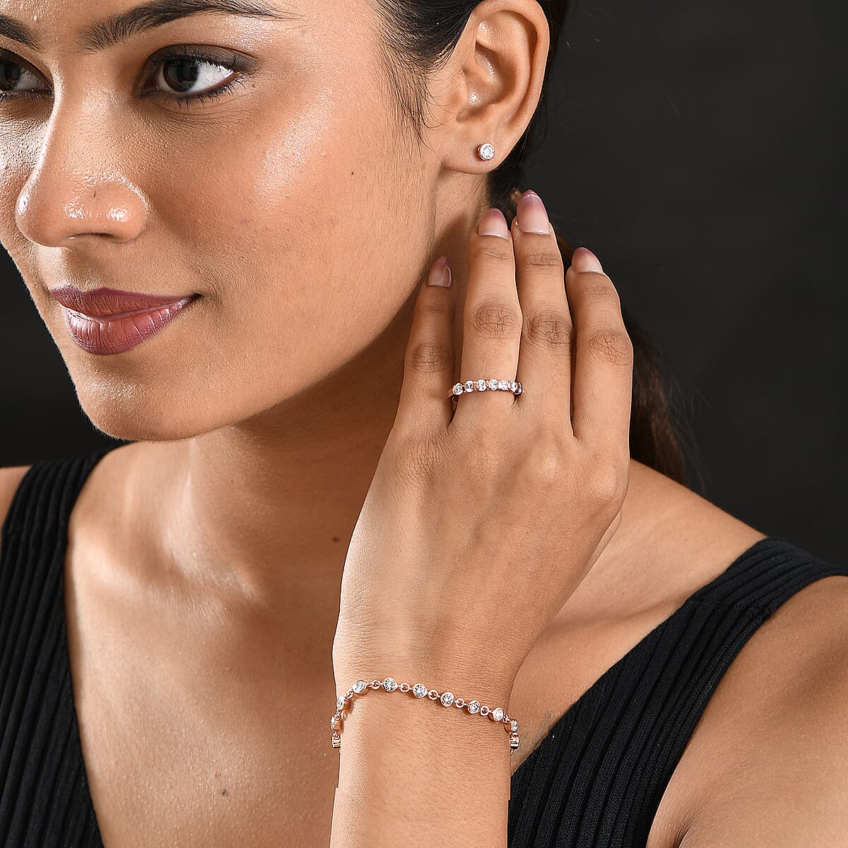 Luxuriant Lab Grown Diamond SI-I1 2.80 ctw Ring (Size 8.0) and Stud Earrings and Linking Bracelet (7.25In) in 18K Vermeil Rose Gold Over Sterling Silver image number 2
