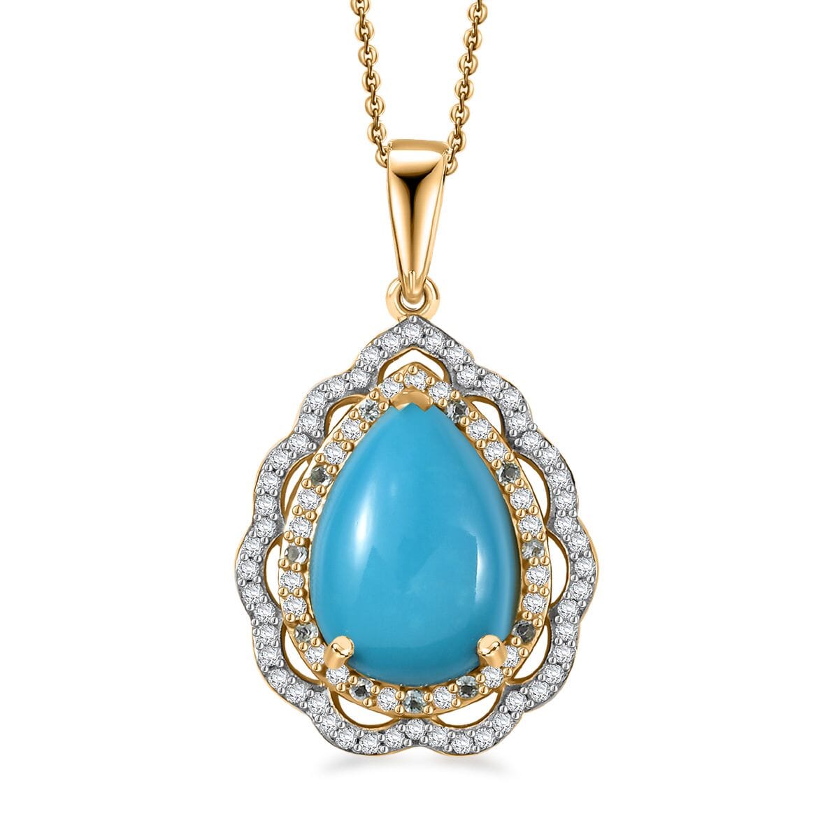 D'Joy Premium Sleeping Beauty Turquoise, Paraiba Tourmaline and Diamond 4.60 ctw Water Ripples Pendant Necklace in 18K Vermeil Yellow Gold Over Sterling Silver 20 Inches image number 0