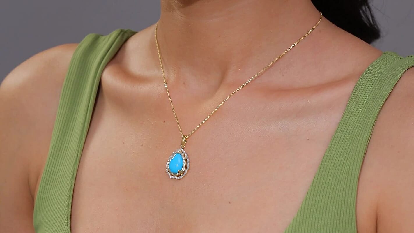 D'Joy Premium Sleeping Beauty Turquoise, Paraiba Tourmaline and Diamond 4.60 ctw Water Ripples Pendant Necklace in 18K Vermeil Yellow Gold Over Sterling Silver 20 Inches