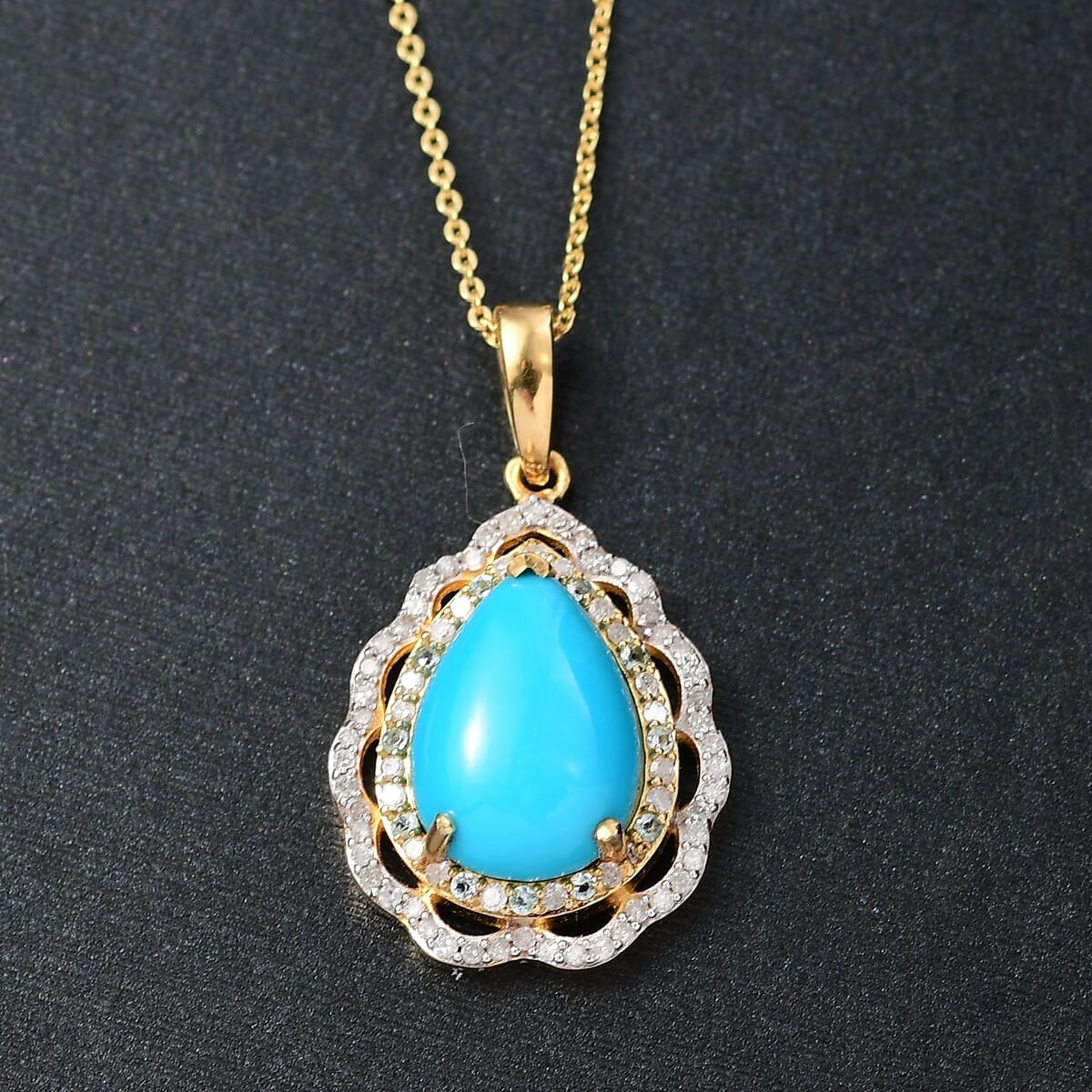 D'Joy Premium Sleeping Beauty Turquoise, Paraiba Tourmaline and Diamond 4.60 ctw Water Ripples Pendant Necklace in 18K Vermeil Yellow Gold Over Sterling Silver 20 Inches image number 1
