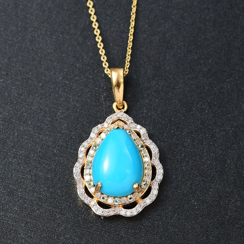 D'Joy Premium Sleeping Beauty Turquoise, Paraiba Tourmaline and Diamond 4.60 ctw Water Ripples Pendant Necklace in 18K Vermeil Yellow Gold Over Sterling Silver 20 Inches