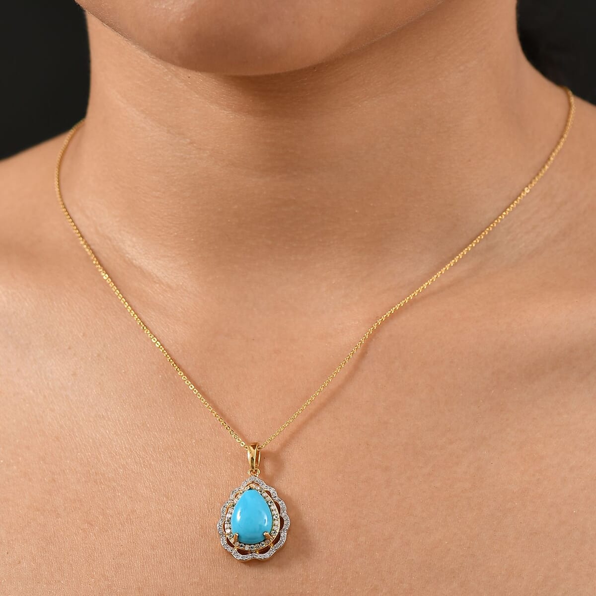 D'Joy Premium Sleeping Beauty Turquoise, Paraiba Tourmaline and Diamond 4.60 ctw Water Ripples Pendant Necklace in 18K Vermeil Yellow Gold Over Sterling Silver 20 Inches image number 2