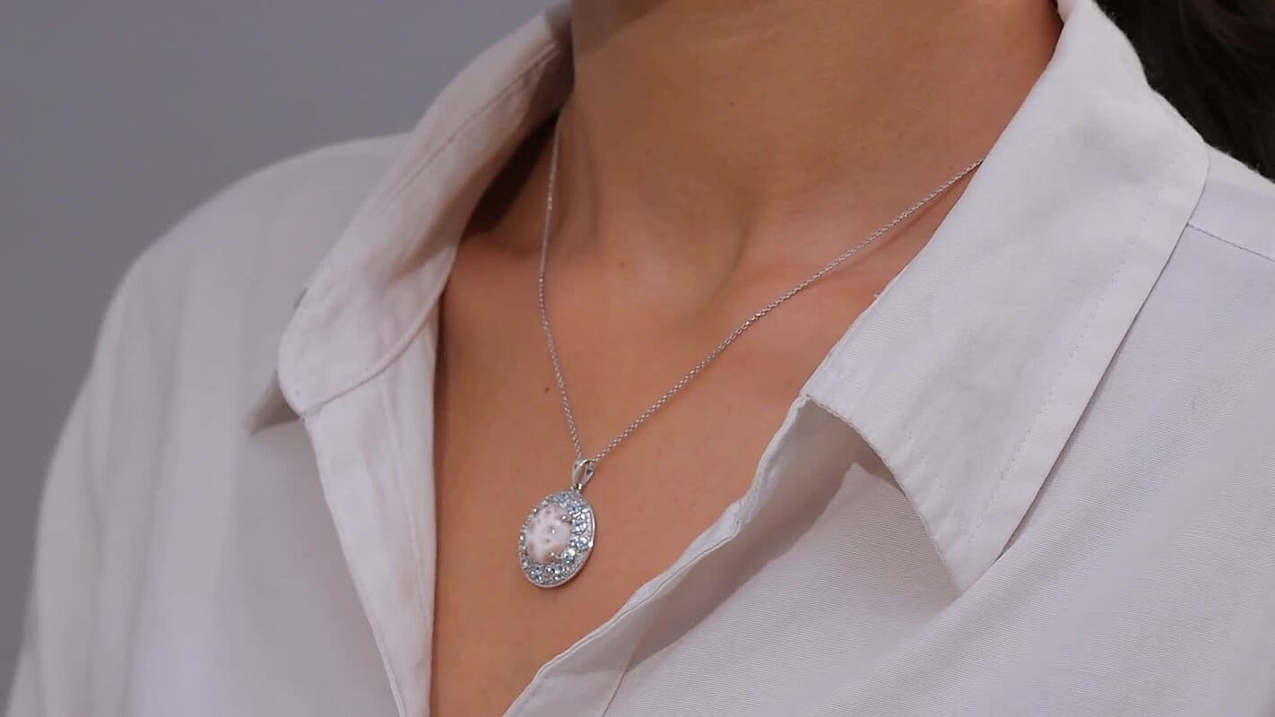 D'Joy Pink Natrolite and Multi Gemstone 5.10 ctw Art Deco Pendant Necklace 20 Inches in Rhodium Over Sterling Silver