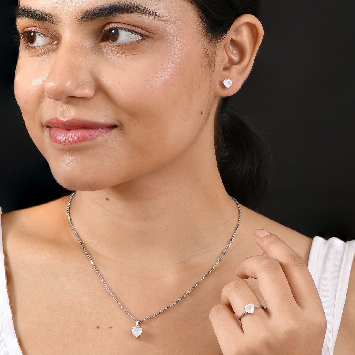 D'Joy 3 Piece Set - Moon Glow Moonstone 4.10 ctw Heartlight Glow Heart Earrings, Ring (Size 5) and Pendant Necklace 20 Inches in Platinum Over Sterling Silver image number 2