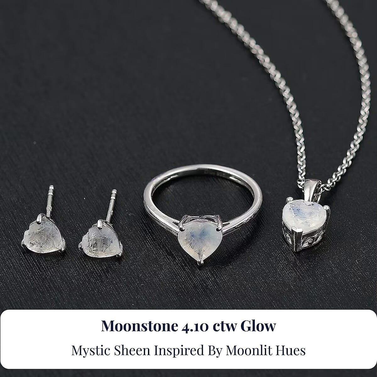 D'Joy 3 Piece Set - Moon Glow Moonstone 4.10 ctw Heartlight Glow Heart Earrings, Ring (Size 6) and Pendant Necklace 20 Inches in Platinum Over Sterling Silver image number 4