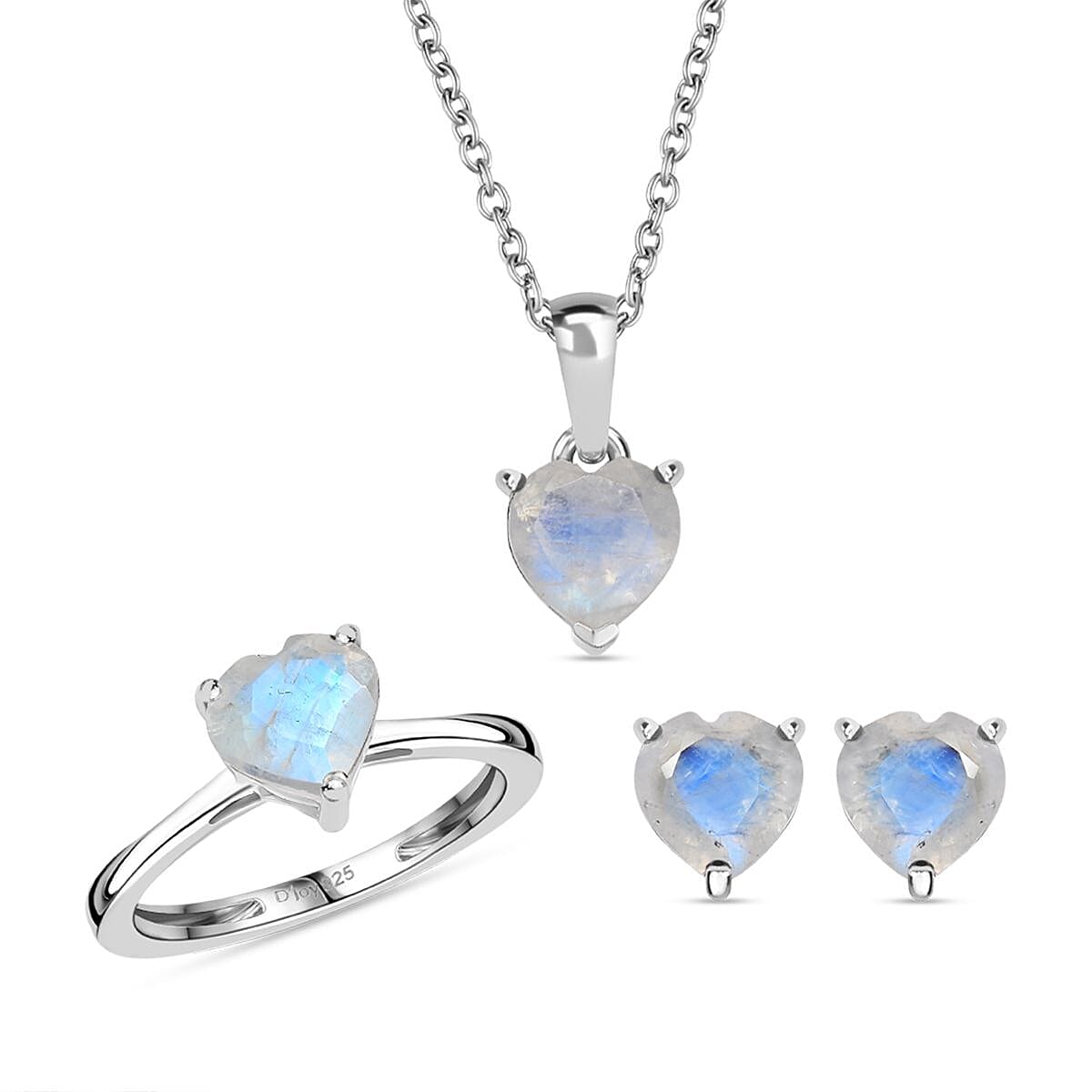 D'Joy 3 Piece Set - Moon Glow Moonstone 4.10 ctw Heartlight Glow Heart Earrings, Ring (Size 7) and Pendant Necklace 20 Inches in Platinum Over Sterling Silver image number 0