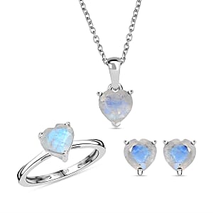 D'Joy 3 Piece Set - Moon Glow Moonstone 4.10 ctw Heartlight Glow Heart Earrings, Ring (Size 7) and Pendant Necklace 20 Inches in Platinum Over Sterling Silver