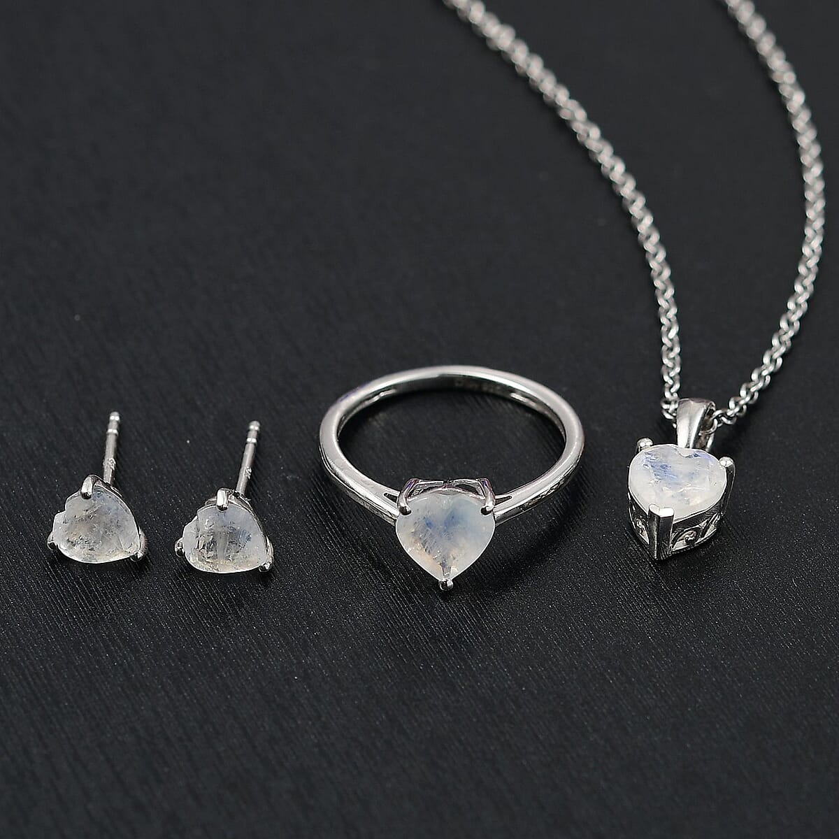 D'Joy 3 Piece Set - Moon Glow Moonstone 4.10 ctw Heartlight Glow Heart Earrings, Ring (Size 7) and Pendant Necklace 20 Inches in Platinum Over Sterling Silver image number 1