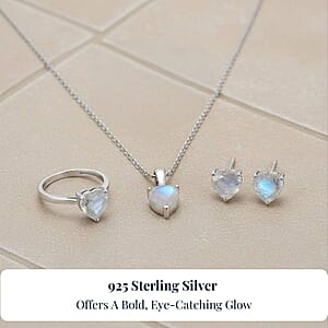 D'Joy 3 Piece Set - Moon Glow Moonstone 4.10 ctw Heartlight Glow Heart Earrings, Ring (Size 7) and Pendant Necklace 20 Inches in Platinum Over Sterling Silver