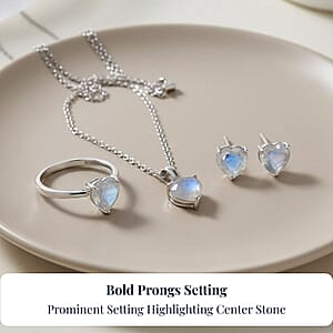 D'Joy 3 Piece Set - Moon Glow Moonstone 4.10 ctw Heartlight Glow Heart Earrings, Ring (Size 7) and Pendant Necklace 20 Inches in Platinum Over Sterling Silver